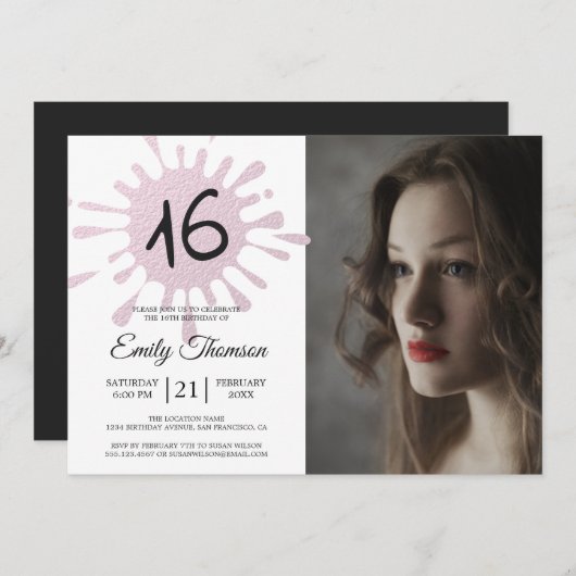 Roze Splash Sweet 16 16th Birthday Party Foto Kaart (Voorkant / Achterkant)