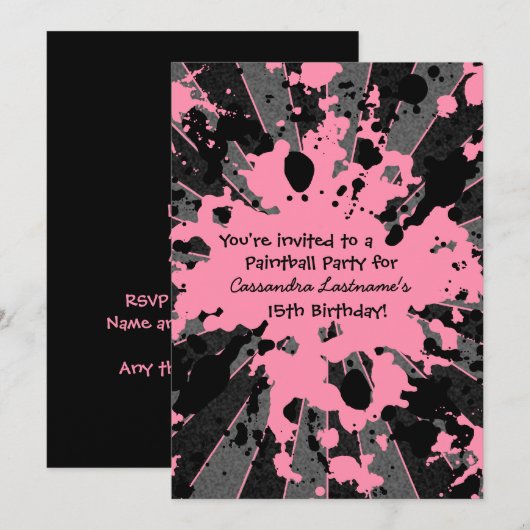 Roze splatter paintball verjaardag kaart (Voorkant / Achterkant)