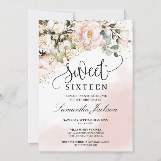 Roze spoelroze roos goudzoete zestien kaart (Voorkant)