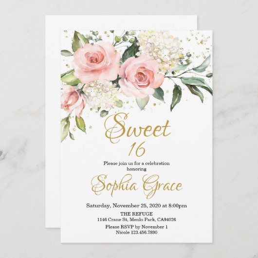 Roze spoelroze roos goudzoete zestien kaart (Voorkant / Achterkant)