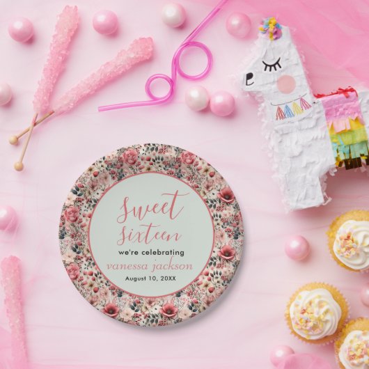 Roze spoelroze roos goudzoete zestien papieren bordje (Feest)