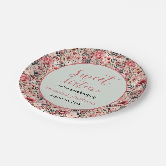 Roze spoelroze roos goudzoete zestien papieren bordje (Gekanteld)