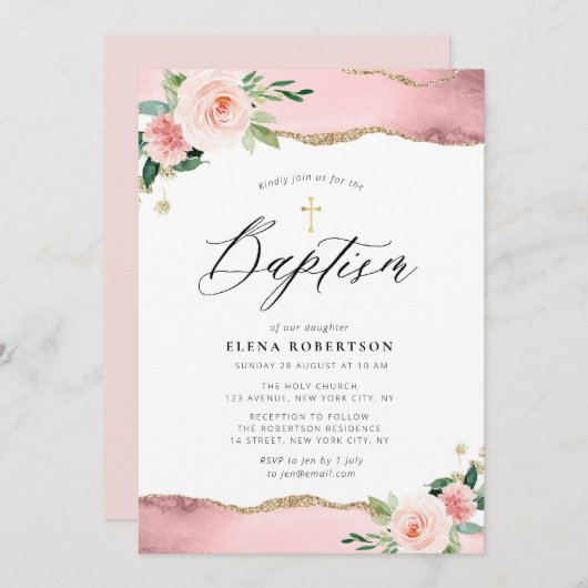 roze spoelroze waterverf agate baptisme kaart (Voorkant / Achterkant)