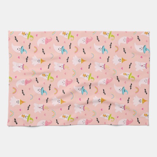 Roze Spook Regenboog Patroon Halloween Keukenhandd Theedoek (Horizontaal)