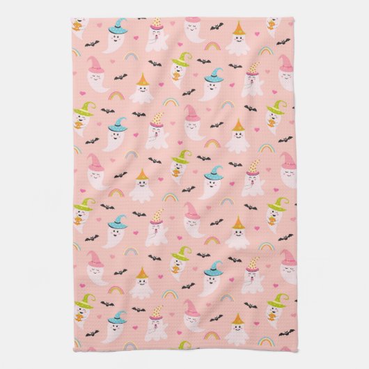Roze Spook Regenboog Patroon Halloween Keukenhandd Theedoek (Verticaal)