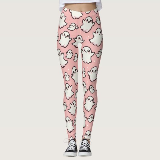 Roze Spooky Ghost Pattern Halloween Leggings (Voorkant)