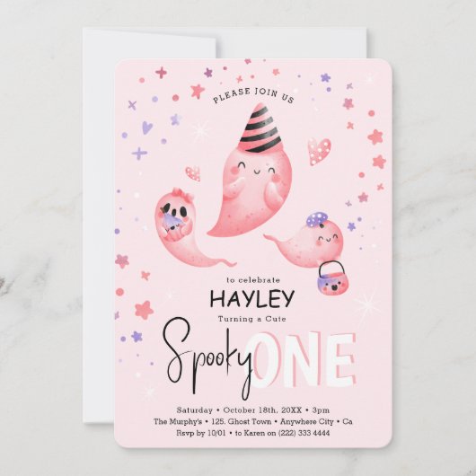 Roze Spooky ONE Ghost Girl Halloween 1ste verjaard Kaart (Voorkant)