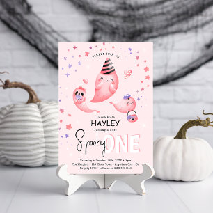 Roze Spooky ONE Ghost Girl Halloween 1ste verjaard Kaart