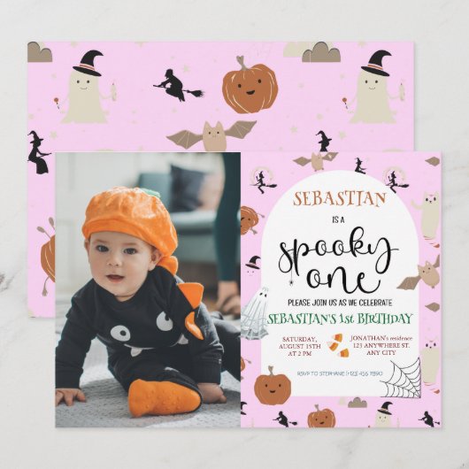 Roze Spooky One Halloween Ghost 1st Birthday Foto Kaart (Voorkant / Achterkant)