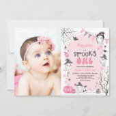 Roze Spooky One Halloween Ghost 1st Birthday Foto Kaart (Voorkant)