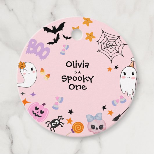 Roze Spooky One Schattige Ghost Halloween 1st Birt Bedankjes Labels (Voorkant)