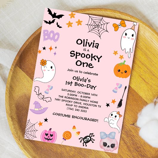 Roze Spooky One Schattige Ghost Halloween 1st Birt Kaart