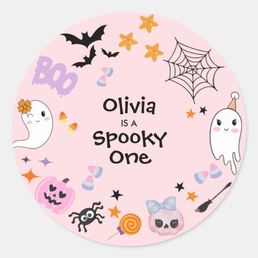 Roze Spooky One Schattige Ghost Halloween 1st Birt Ronde Sticker (Voorkant)