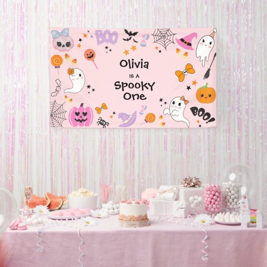 Roze Spooky One Schattige Ghost Halloween 1st Birt Spandoek (Feest)