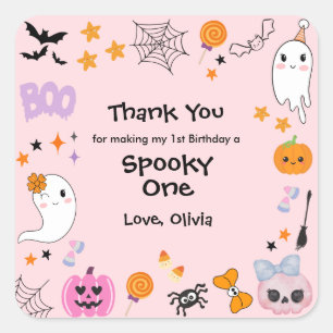 Roze Spooky One Schattige Ghost Halloween 1st Birt Vierkante Sticker