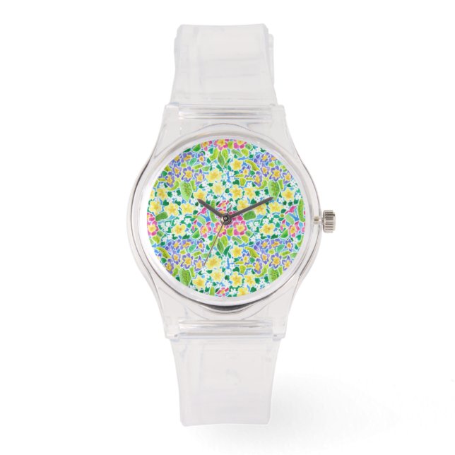 Roze Sportief horloge met  Primroses Pattern (Voorkant)