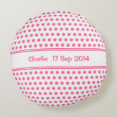 Roze spots naam op achterzijde rond kussen (Achterkant)