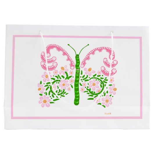 Roze Spring Butterfly Gift Bag Groot Cadeauzakje (Achterkant)