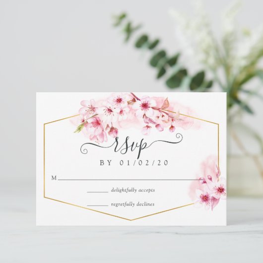 Roze Spring Cherry Blossom Quinceañera RSVP Kaartje (Staand voorkant)