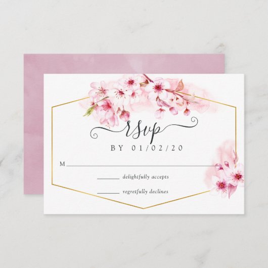 Roze Spring Cherry Blossom Quinceañera RSVP Kaartje (Voorkant / Achterkant)