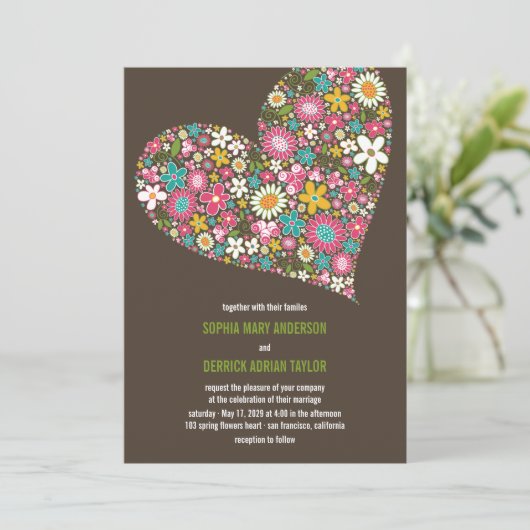 Roze Spring Flowers Heart Whimsical Wedding Invite Kaart (Staand voorkant)