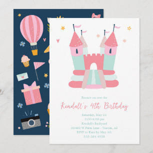 Roze springkasteel verjaardagsfeest uitnodiging