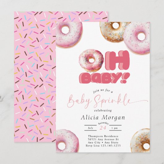 Roze Sprinkle | Donut | Baby Sprinkle uitnodiginge Kaart (Voorkant / Achterkant)