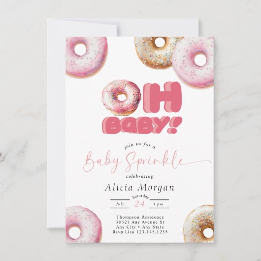 Roze Sprinkle | Donut | Baby Sprinkle uitnodiginge Kaart (Voorkant)