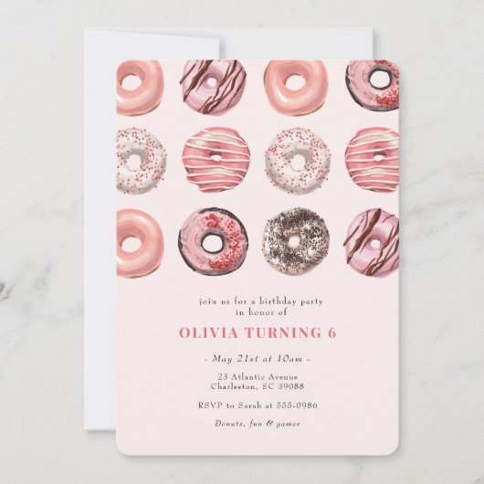 Roze Sprinkle Donut Birthday Party Invitation Kaart (Voorkant)