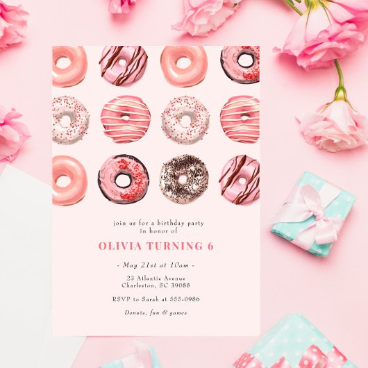 Roze Sprinkle Donut Birthday Party Invitation Kaart