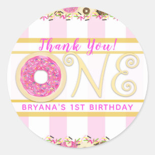 Roze Sprinkle Donut Donuts Eén 1e Verjaardagsfeest Ronde Sticker