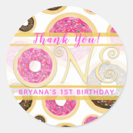 Roze Sprinkle Donut Donuts EERSTE 1e Verjaardagsfe Ronde Sticker