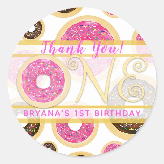 Roze Sprinkle Donut Donuts EERSTE 1e Verjaardagsfe Ronde Sticker (Voorkant)