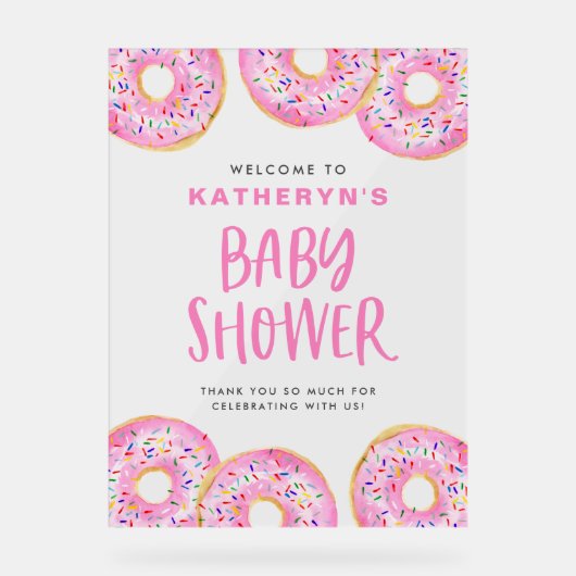 Roze Sprinkle Donuts Baby shower Welkom Acryl Bord (Voorkant)