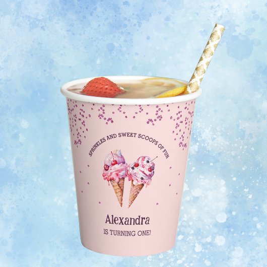 Roze Sprinkles Girl Ice Cream 1e verjaardag Papieren Bekers