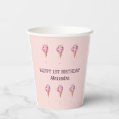 Roze Sprinkles Girl Ice Cream 1e verjaardag Papieren Bekers (Achterkant)