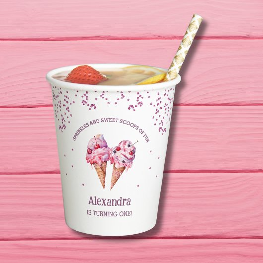 Roze Sprinkles Meisje IJs 1e Verjaardagsfeestje Papieren Bekers