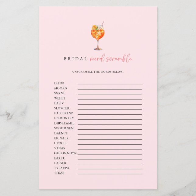 Roze Spritz Bruids Woordzoek Game (Voorkant)