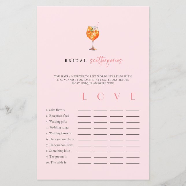 Roze Spritz Bruiloftsshower Scattergories Spel (Voorkant)