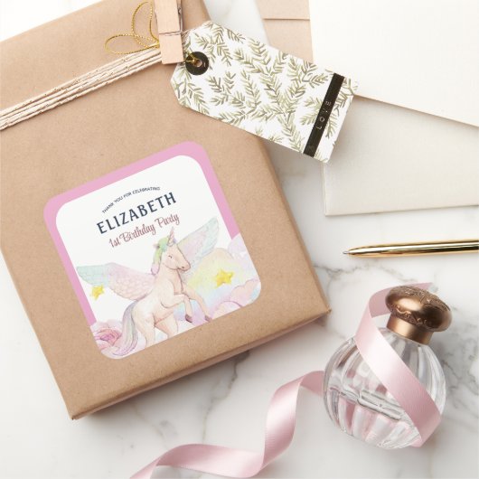 Roze Sprookje Eenhoorn Meisje Verjaardagsfeest Vierkante Sticker (Geschenken)