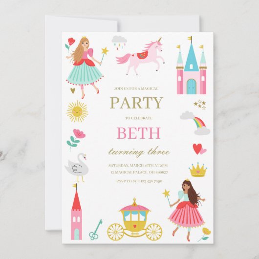 Roze Sprookje Prinses Meisje Verjaardag uitnodigin Kaart (Voorkant)