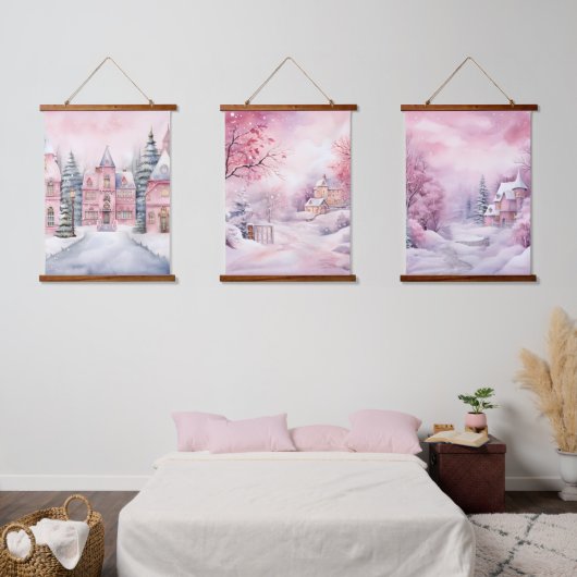 Roze Sprookje Winter Wonderland Hangend Wandkleed (Slaapkamer)