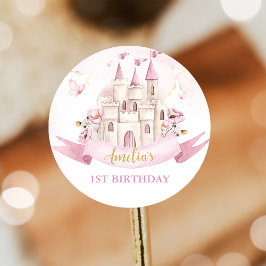 Roze Sprookjesachtige Princess Castle Verjaardag S Ronde Sticker