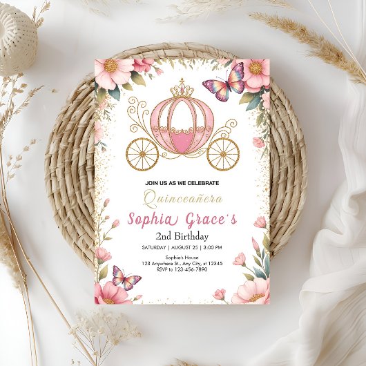Roze sprookjesachtige Quinceañera Kaart