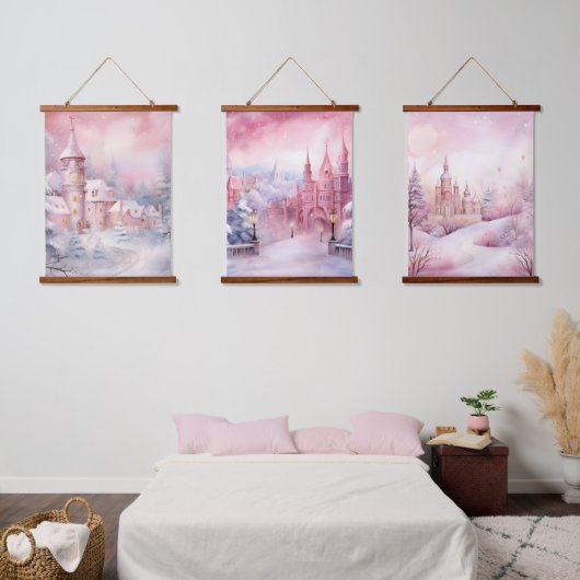 Roze Sprookjeskastelen Winter Wonderland Hangend Wandkleed (Slaapkamer)
