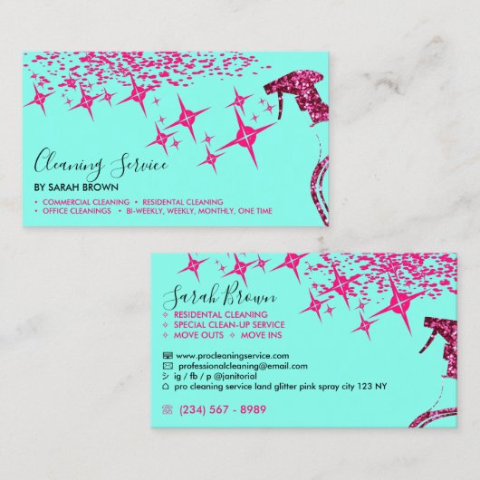 Roze Spuitbus Blauwgroen vaste reinigingsinrichtin Visitekaartje (Voorkant / Achterkant)