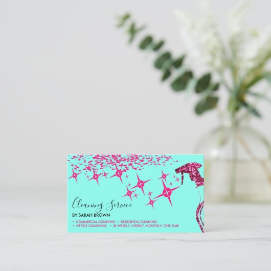 Roze Spuitbus Blauwgroen vaste reinigingsinrichtin Visitekaartje (Staand voorkant)