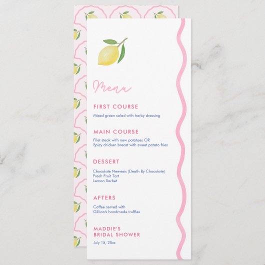  Roze Squiggle Lemon Vrijgezellenfeest Luncheon Menu (Voorkant / Achterkant)