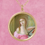 Roze St. Agatha (M 003) Goud Vergulden Ketting<br><div class="desc">St. Agatha wordt aangehaald tegen borstkanker. Hier, in dit detail van een beroemd Italiaans manieristisch schilderij, zijn haar kledingstukken veranderd van crème en licht blauwgroen naar tinten roze. Roze is de internationaal erkende kleurstof die symbool staat voor het bewustzijn van borstkanker. Aangepast detail van een antiek chromolithograaf, gepubliceerd door A...</div>