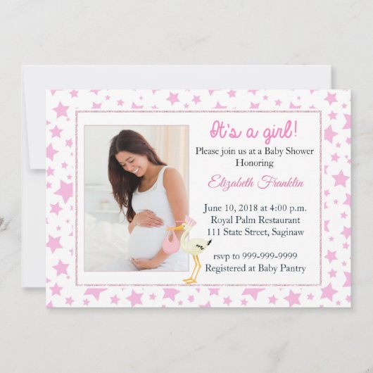 Roze Star Foto Het is een Girl Baby shower Uitnodi Kaart (Voorkant)